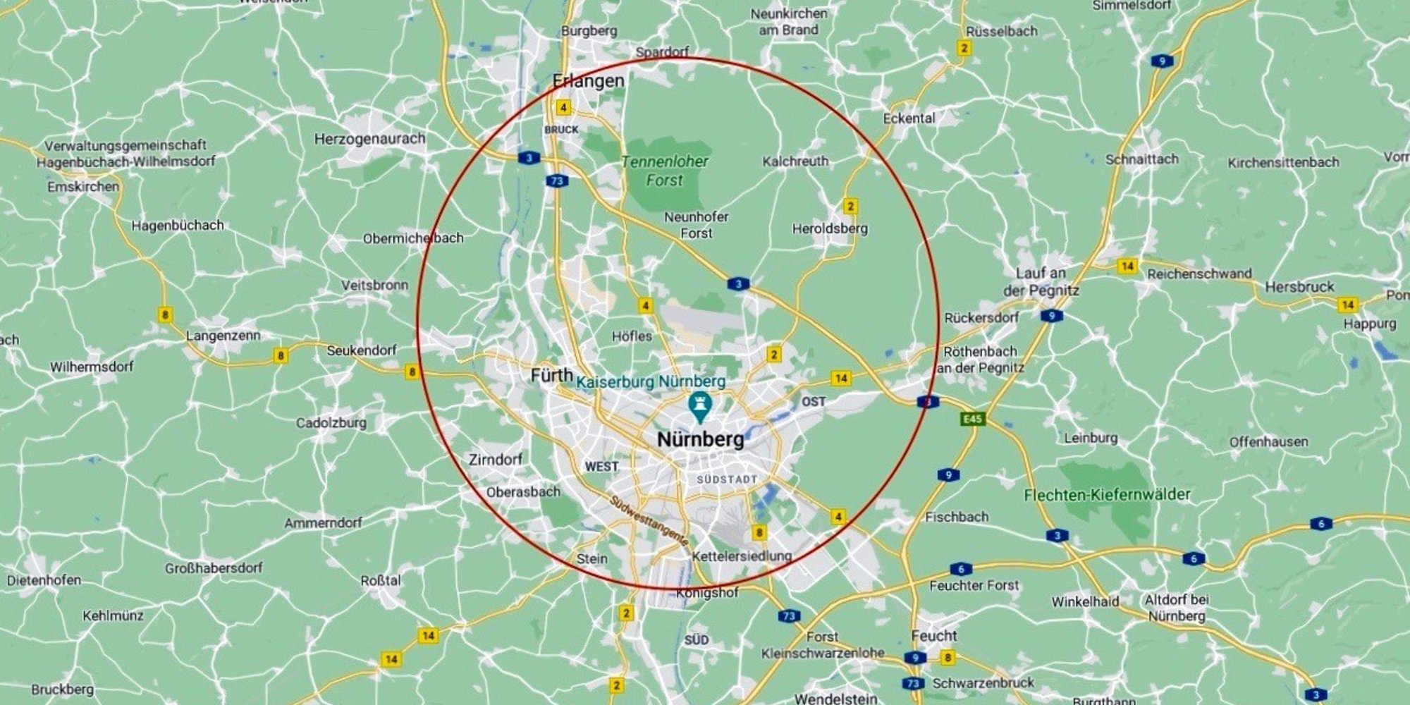 Die Karte zeigt Nürnberg und Umgebung mit einem roten Kreis, der den nördlichen Teil der Stadt umfasst.